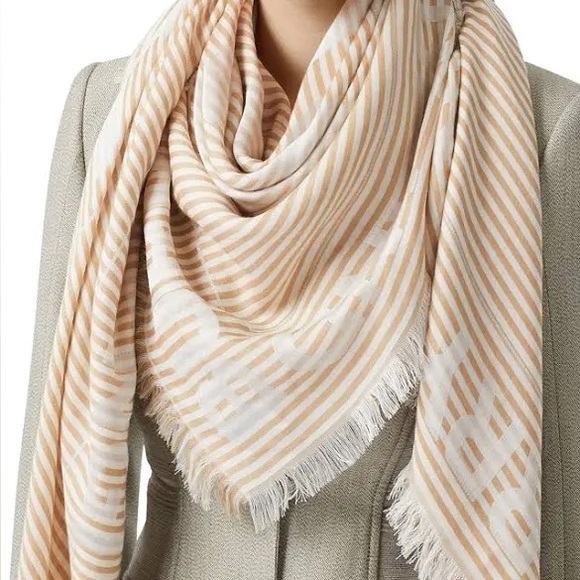 BURBERRY Striped Logo Silk Wool Jacquard Square Scarf In Beige - Picture 3 of 4